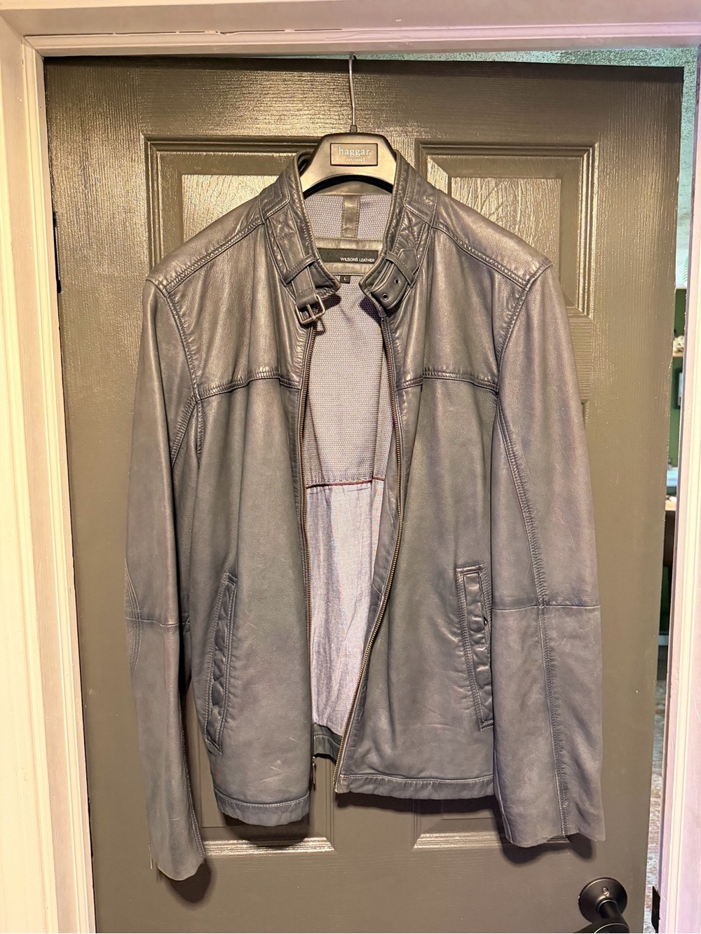 Wilsons Leather Men's Blue Leather Bomber Jacket with Buckle Collar - Picture 2 of 3